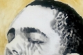 Andrea Saltini, L'uomo che piange, 2018, argilla pigmentata di nero, gesso, pigmenti, inchiostri cinesi su tela cm. 100x80, courtesy ArteS
