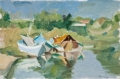 Remo Tamagnini, Barche sul canale, 1960, olio su tela, cm. 41x60, collezione privata Reggio Emilia