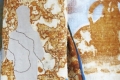 Loretta Cappanera, Mappa, particolare, 2014, ruggine, tintura, acrilico, interventi di filo su vecchi tessuti e su canapa e lino, cm. 103x140