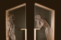 Bonzanos Art Group, Nell'attesa, 2015, sculture in filo di rame applicate su lastre specchianti in contenitori di legno, cm. 207X89X30 