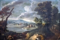 Giuseppe Zola, Paesaggio con cacciatori e viandanti, olio su tela, 97 x 129 cm