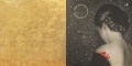Omar Galliani, Mantra, 2022, dittico, matita nera e tempera su tavola e foglia d'oro, 100x200 cm