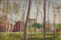 Ottorino Davoli, Paesaggio con alberi e case, olio su tavola, cm. 22x28