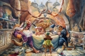 Paolo Mottura, Pinocchio, il Gatto e la Volpe banchettano, olio su tela, Pinocchio, Edizioni NPE, 2021. Courtesy Andrea Pappalardo