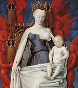 Jean Fouquet, Madonna del latte in trono col Bambino, Dittico di Melun, particolare, 1450-55, olio su tavola, cm. 95x86, Koninklijk Museum voor Schone Kunsten, Anversa.